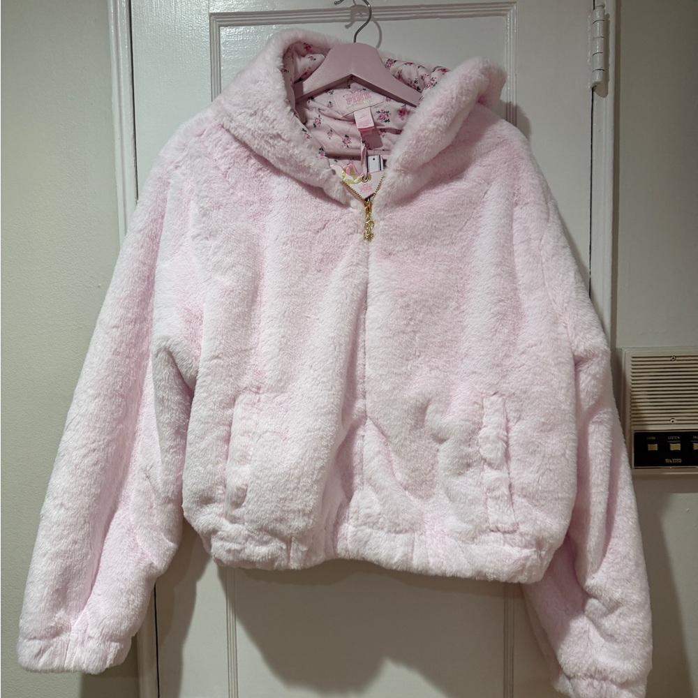 NWT Victorias Secret PINK x LoveShackFancy Faux-Fur Bomber Bow Jacket Large L
